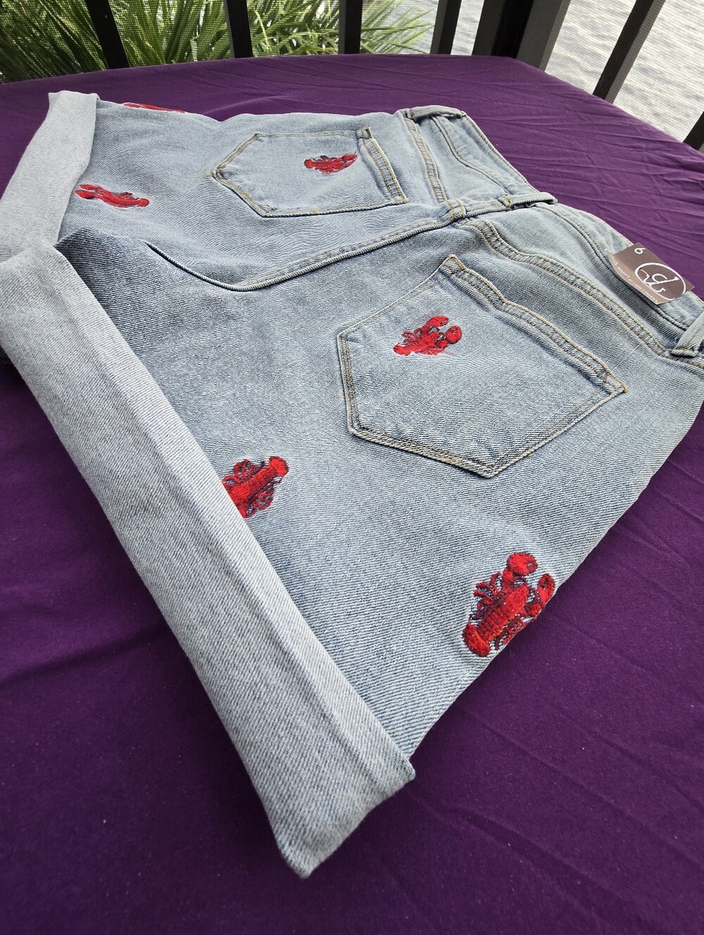 DRIFTWOOD Light Blue Denim Shorts with Red Lobster Embroidery - Picture 4 of 9